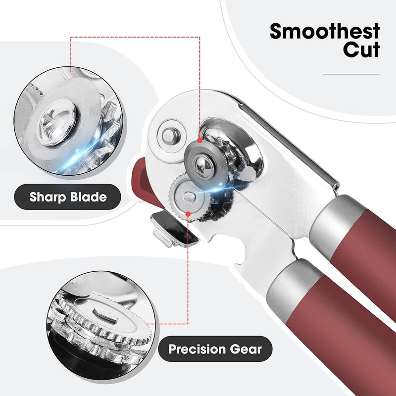 Beneno Heavy Duty Hand Can Opener Manual with Magnet, Durable Sharp Carbon Steel Blade Smooth Cutting, Big Effort-Saving Knob & Soft Grip Handle, Multifunctional Kitchen Tool with Bottle Opener, Red - Image 3